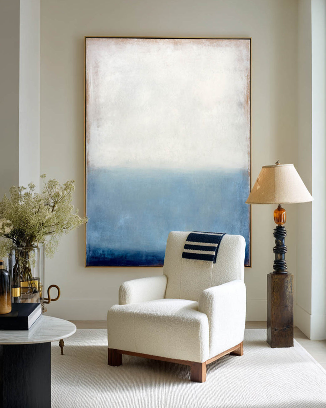 Large Blue Minimalist Vertical Oil Painting for Modern Home Wall Décor – ArtExplore