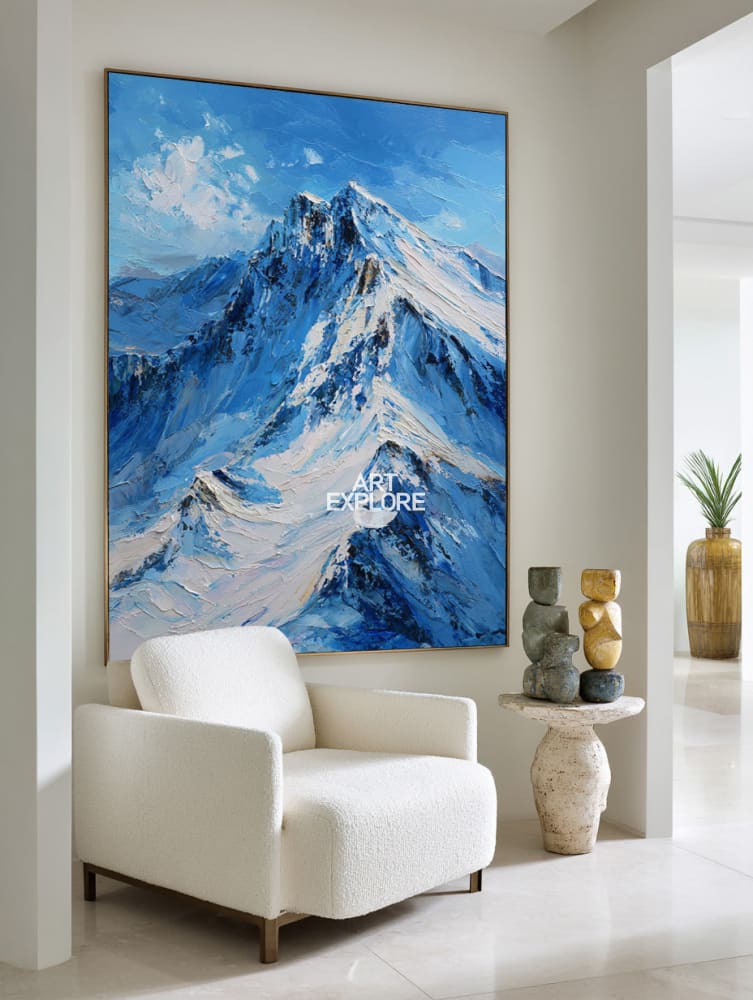Large Blue Mountain Peak Art | Vertical Snow Landscape Impasto Wall Painting ArtExplore