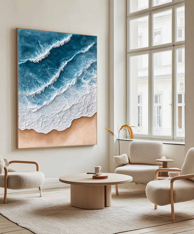 Large Blue Ocean Wave Paintings Rich Texture Blue Sea Wall Art Handmade Sea Wave Wall Art For Sale