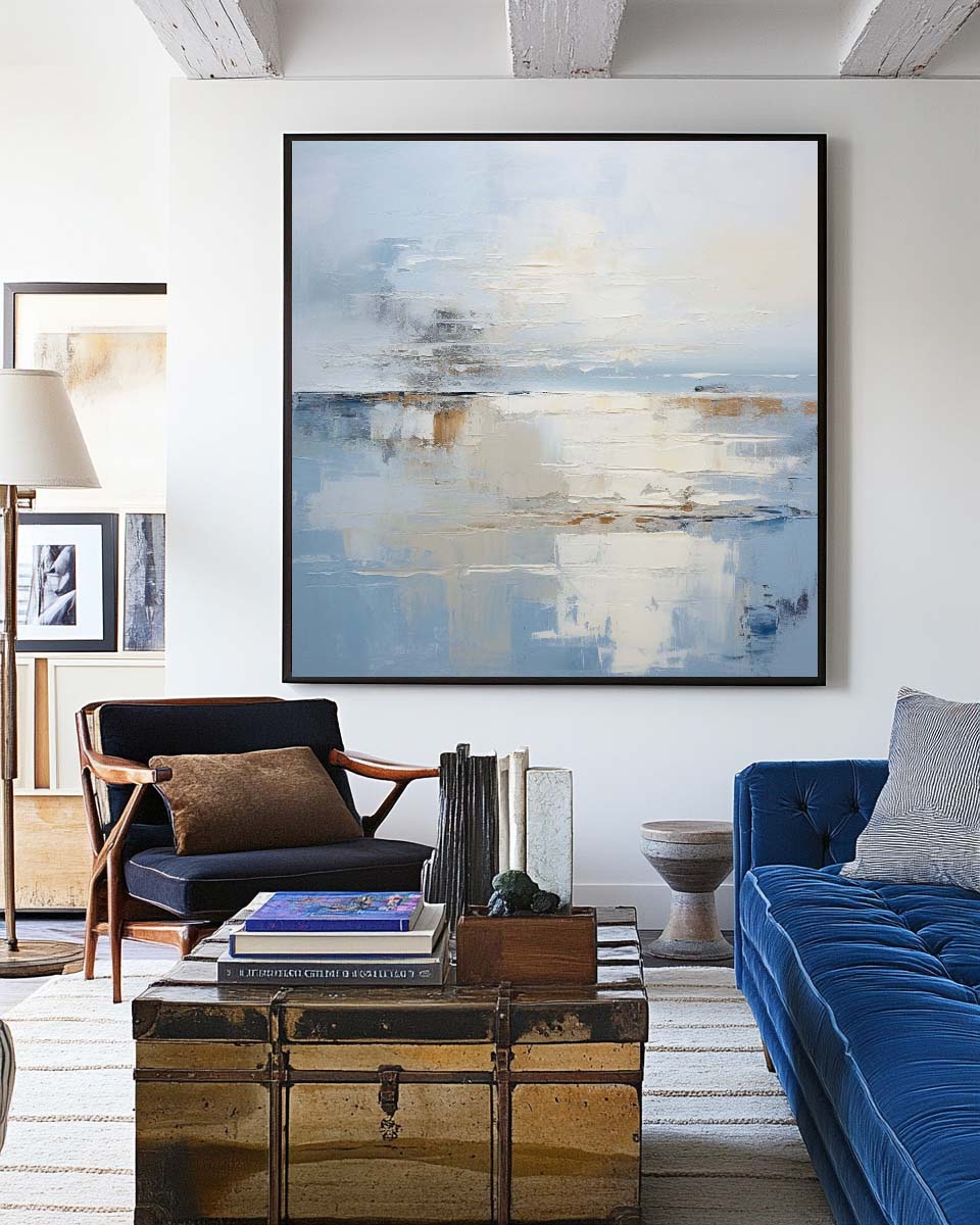 Large Blue Palette Knife Painting Minimalist Wall Art Blue And White Texture Painting For Sale