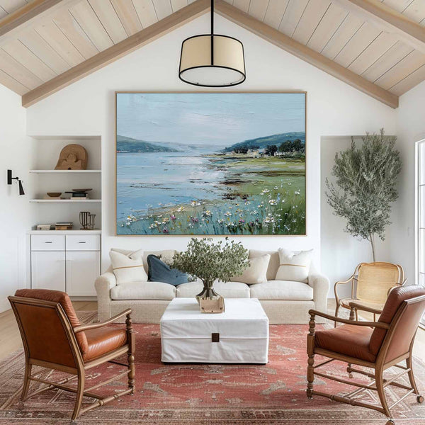 Large Blue Scenery Oil Painting Blue Lake Textured Wall Art Modern Blue Landscape Wall Art For Sale