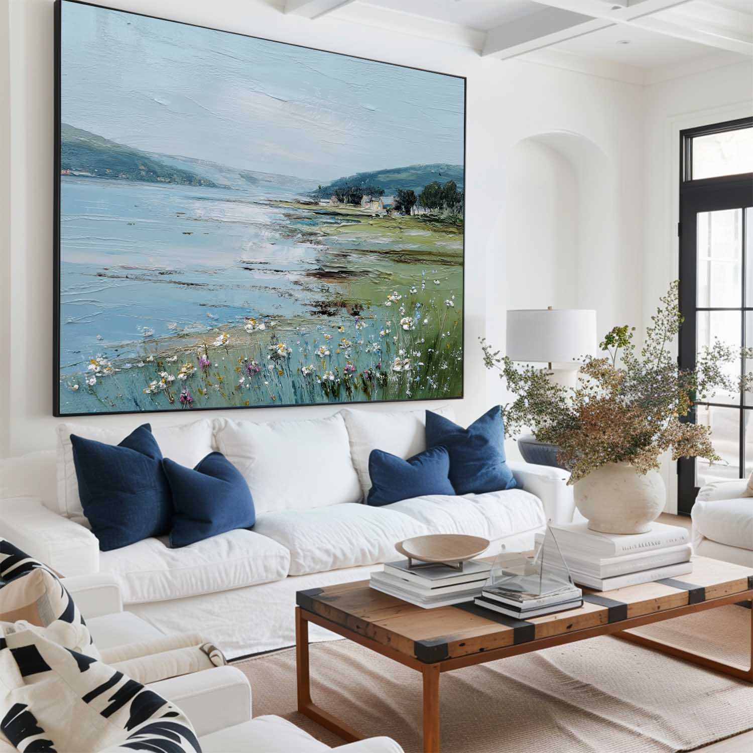 Large Blue Scenery Oil Painting Blue Lake Textured Wall Art Modern Blue Landscape Wall Art For Sale