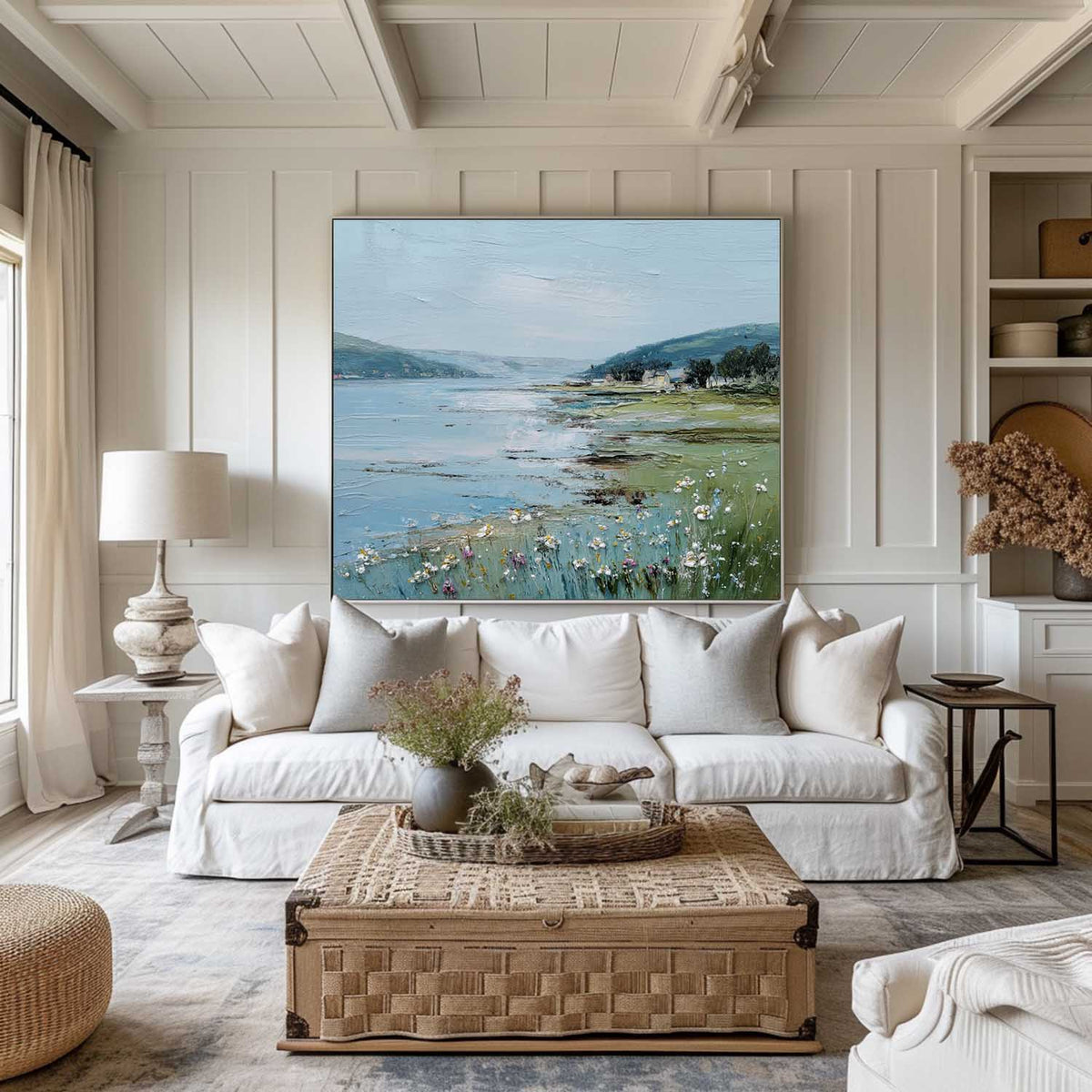 Large Blue Scenery Oil Painting Blue Lake Textured Wall Art Modern Blue Landscape Wall Art For Sale