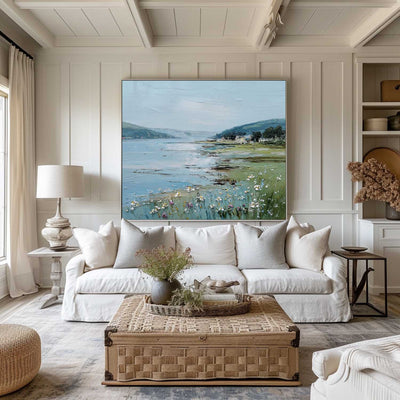 Large Blue Scenery Oil Painting Blue Lake Textured Wall Art Modern Blue Landscape Wall Art For Sale