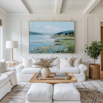 Large Blue Scenery Oil Painting Blue Lake Textured Wall Art Modern Blue Landscape Wall Art For Sale