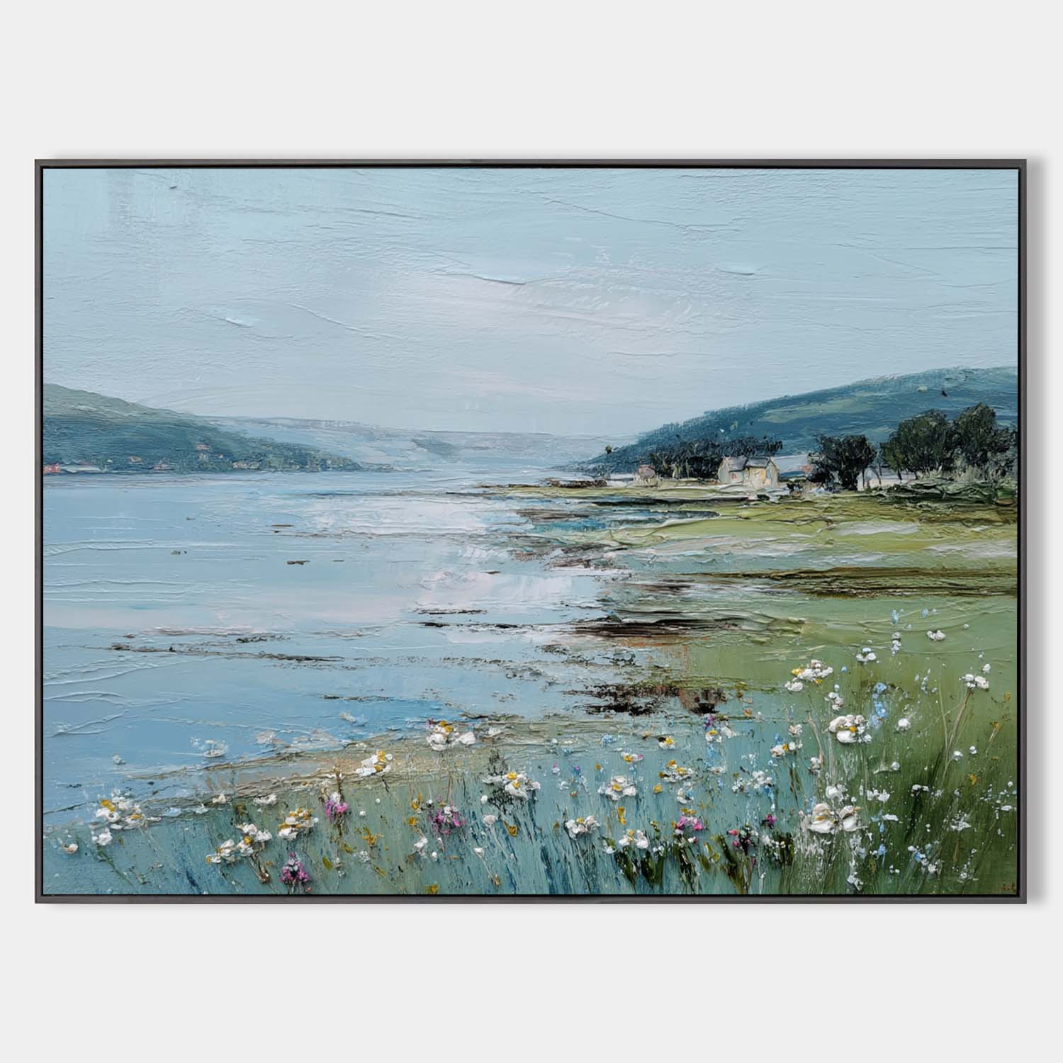 Large Blue Scenery Oil Painting Blue Lake Textured Wall Art Modern Blue Landscape Wall Art For Sale