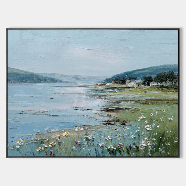Large Blue Scenery Oil Painting Blue Lake Textured Wall Art Modern Blue Landscape Wall Art For Sale