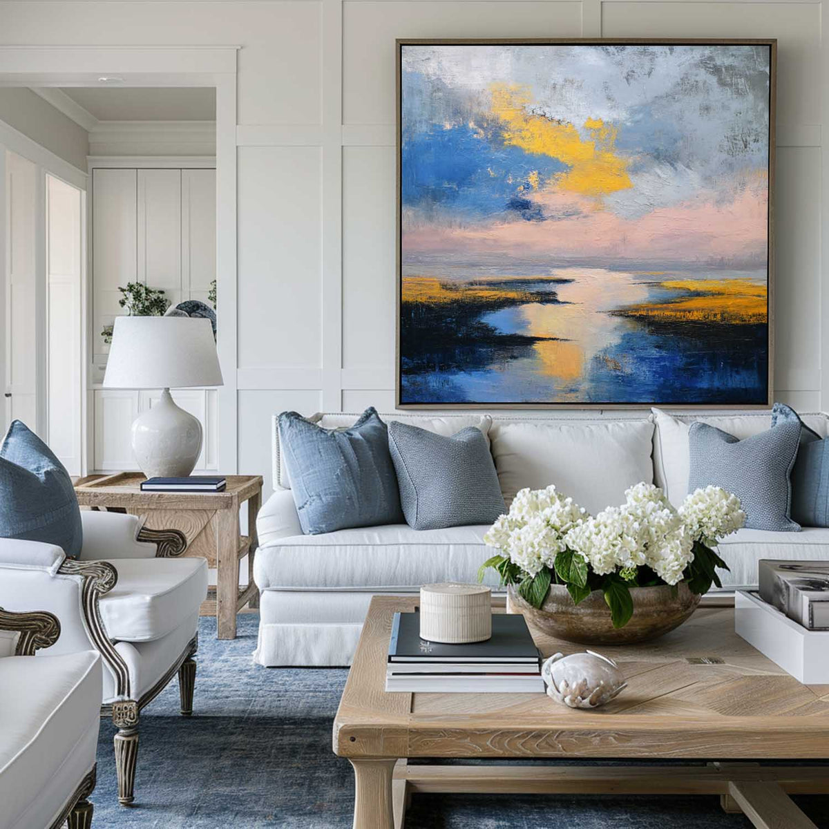 Large Blue Sea and Sunset Oil Painting Blue Seaside Textured Wall Art Modern Blue Abstract Fine Art