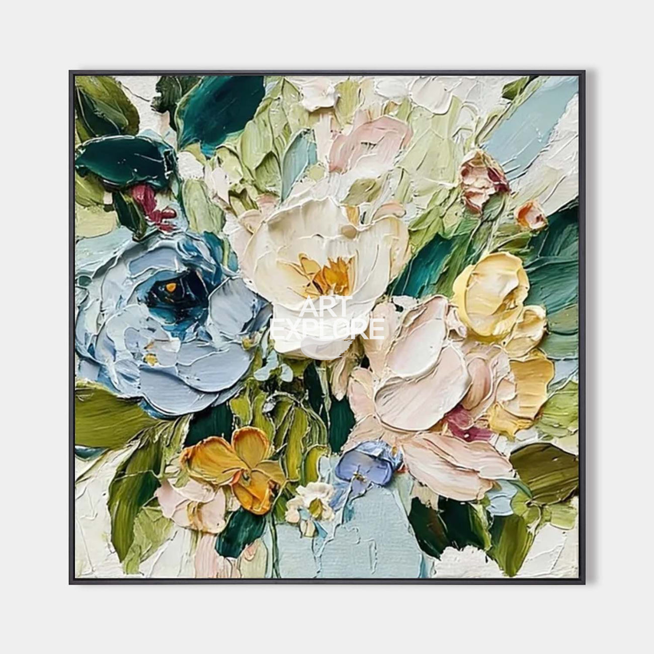 Large Blue Spring Bloom Impasto Oil Painting Square Floral Wall Art - ArtExplore