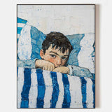 Large Boy's Portrait Oil Painting, Boy with Blue Shirt Wall Art Modern Impressionistic Painting