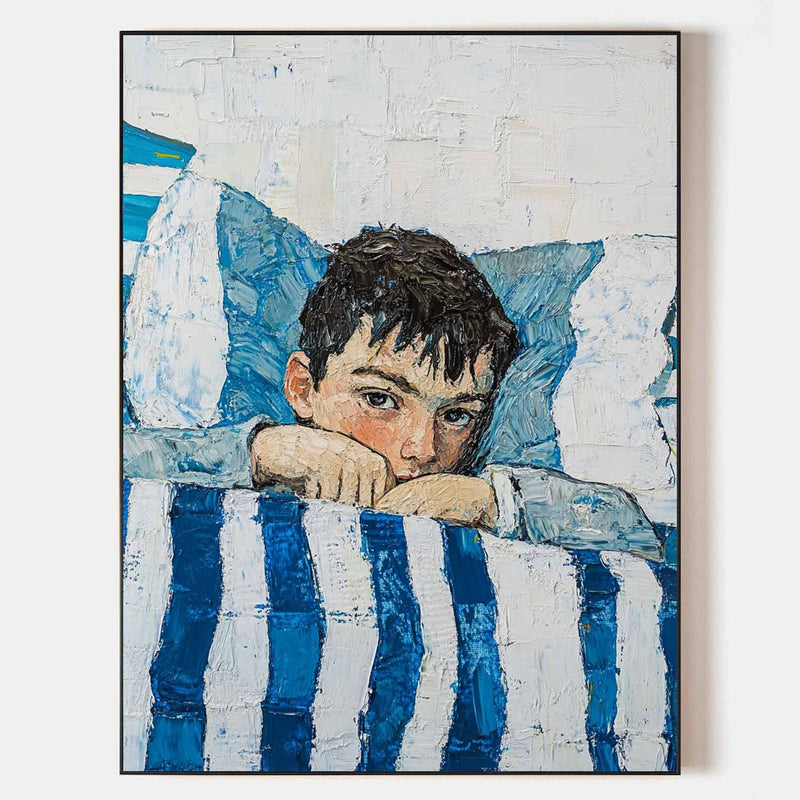 Large Boy's Portrait Oil Painting, Boy with Blue Shirt Wall Art Modern Impressionistic Painting