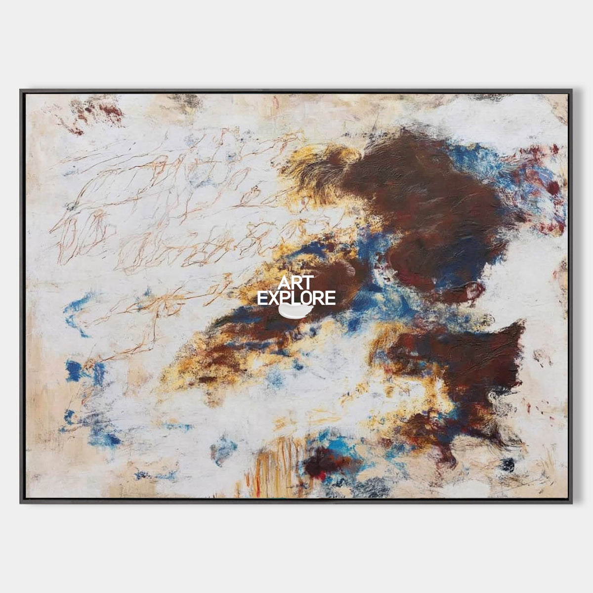 Brown And Blue Abstract Canvas Painting With Doodle Lines For Modern Wall Art