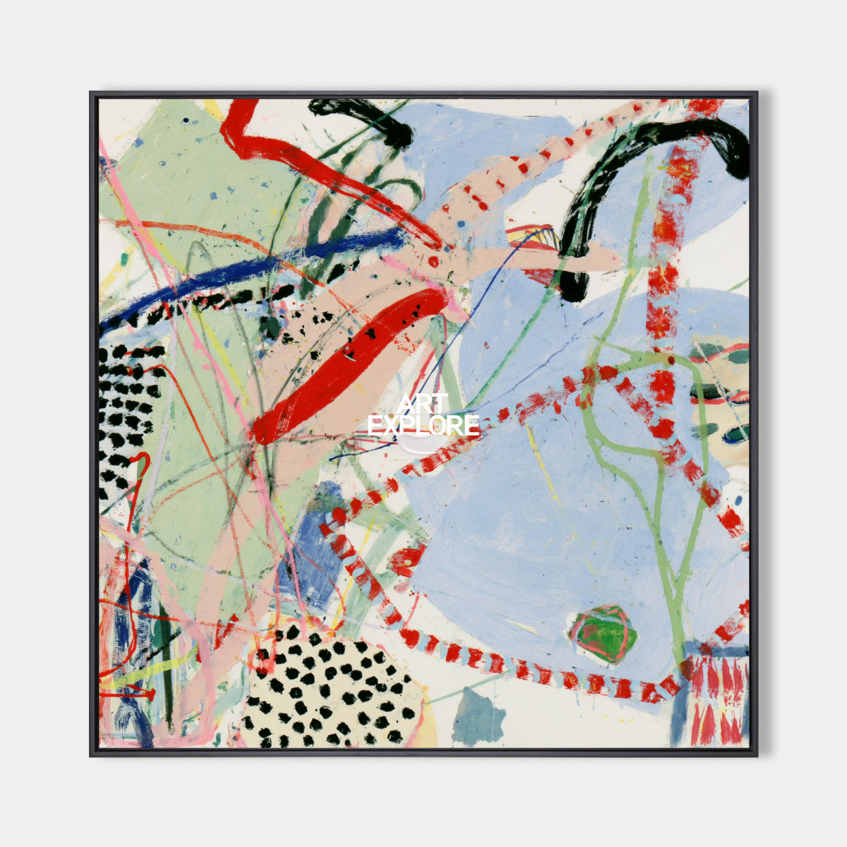 Colorful Abstract Canvas Painting With Red And Blue Lines For Modern Wall Art