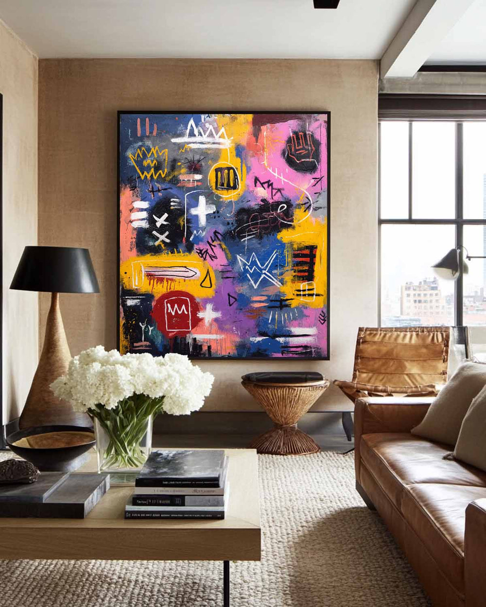 Large Colorful Graffiti Paintings Basquiat Handcrafted Artworks Modern Graffiti Art for Lounge