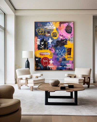 Large Colorful Graffiti Paintings Basquiat Handcrafted Artworks Modern Graffiti Art for Lounge
