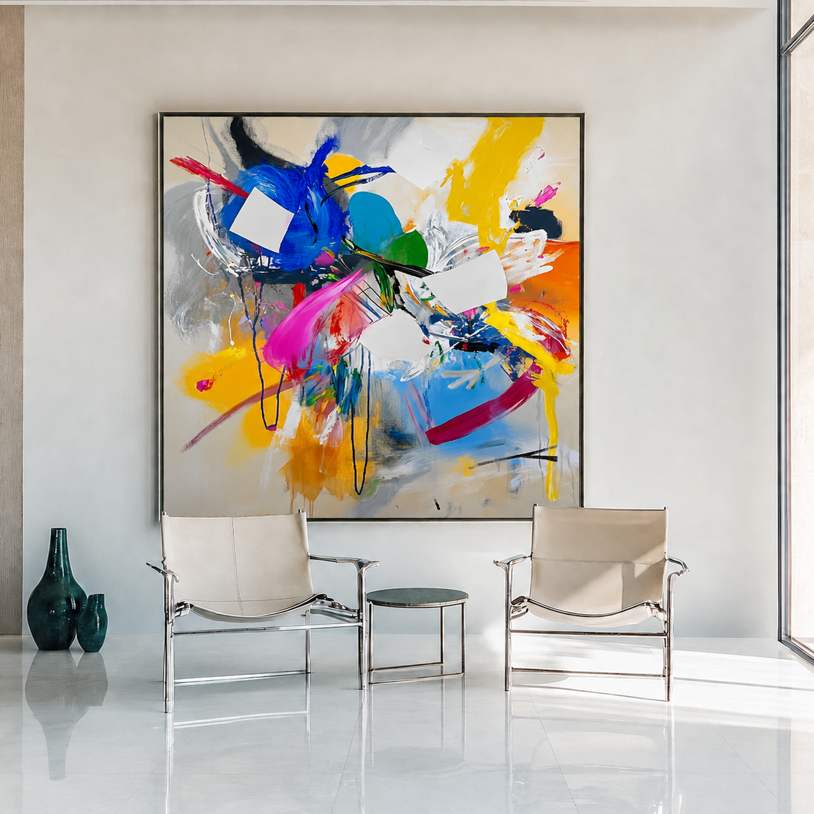 Large Colorful Painting Square Abstract Wall Art Modern Bauhaus Textured Wall Art For Livingroom
