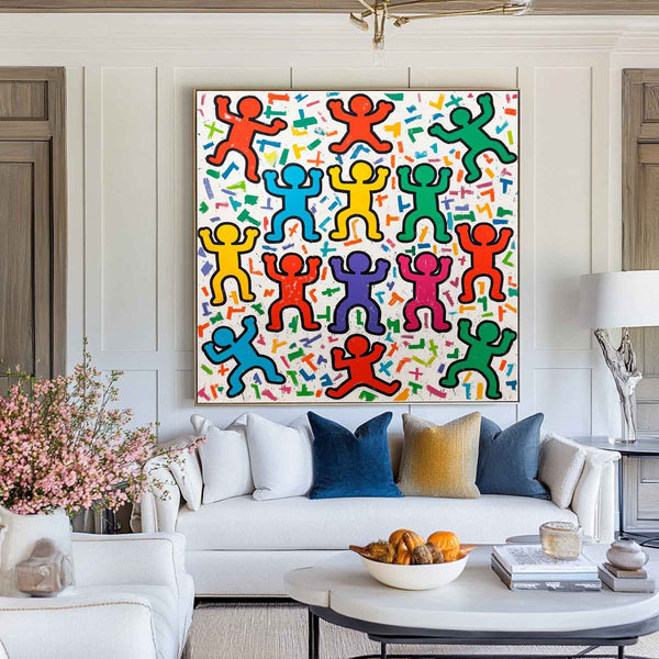 Large Colorful Pop Wall Art Colorful Texture Painting Keith Haring Style of Wall Art For Sale