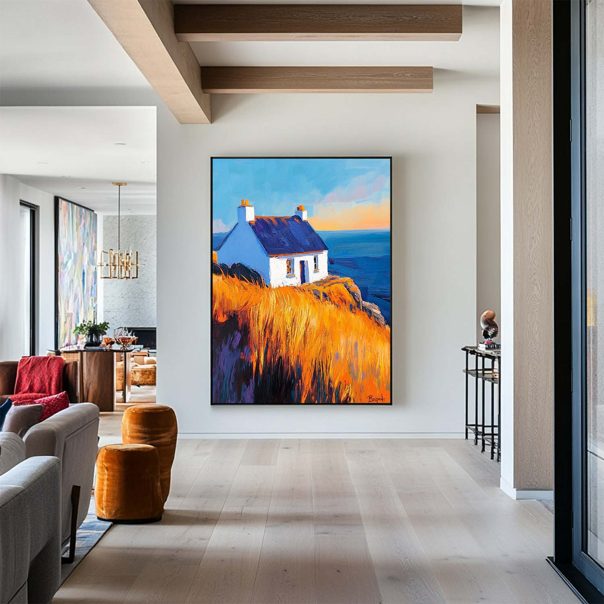 Large Country View Wall Art Blue Landscape Wall Art Modern Fine Art Paintings for Livingroom