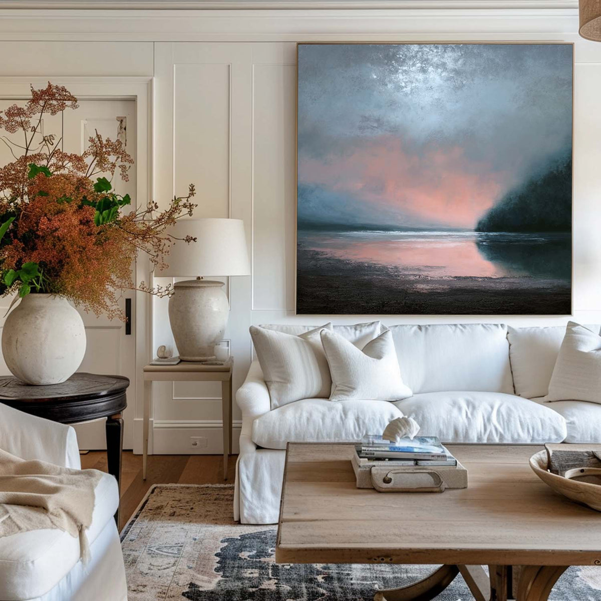 Large Dark Blue Sea and Sunset Painting Seaside Textured Art Modern Blue Abstract Wall Art For Sale