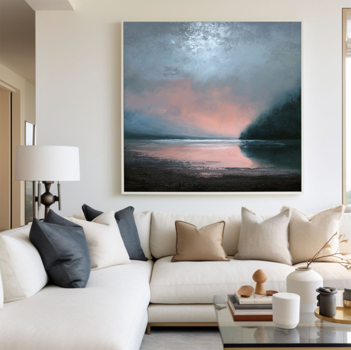 Large Dark Blue Sea and Sunset Painting Seaside Textured Art Modern Blue Abstract Wall Art For Sale