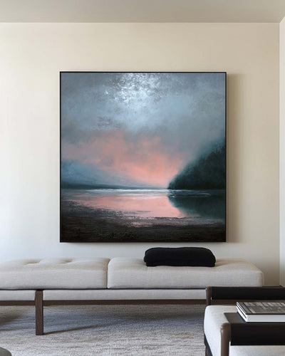 Large Dark Blue Sea and Sunset Painting Seaside Textured Art Modern Blue Abstract Wall Art For Sale