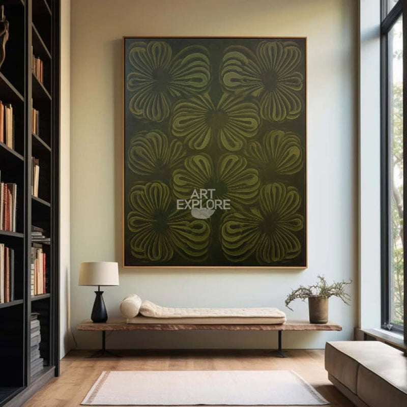 Large Dark Green Boho Floral Canvas Art for Living Room | ArtExplore