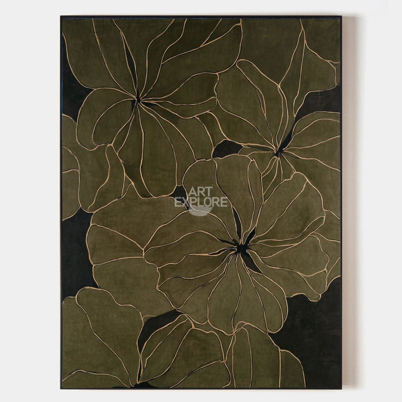 Large Dark Green Floral Wabi-Sabi Wall Art, Minimalist Handmade Canvas | ArtExplore