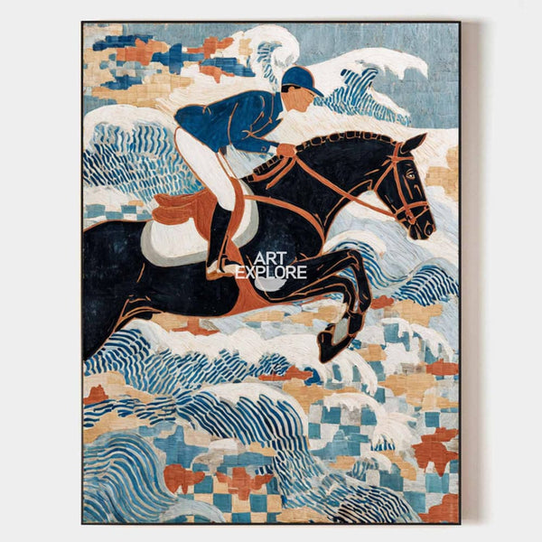 Large Equestrian Oil Painting | Horse Racing Blue Textured Wall Art | ArtExplore