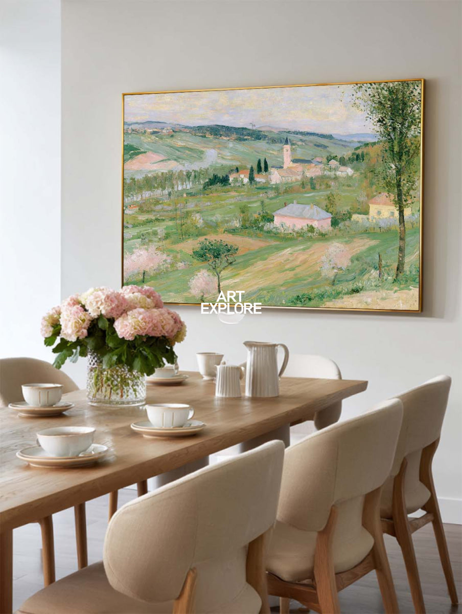 Hand-Painted Abstract Green And Pink Countryside Impressionist Landscape Canvas Art
