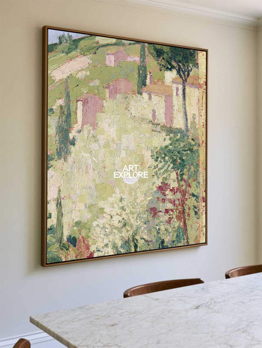 Hand-Painted Countryside Landscape Canvas Art With Green And Yellow Tones