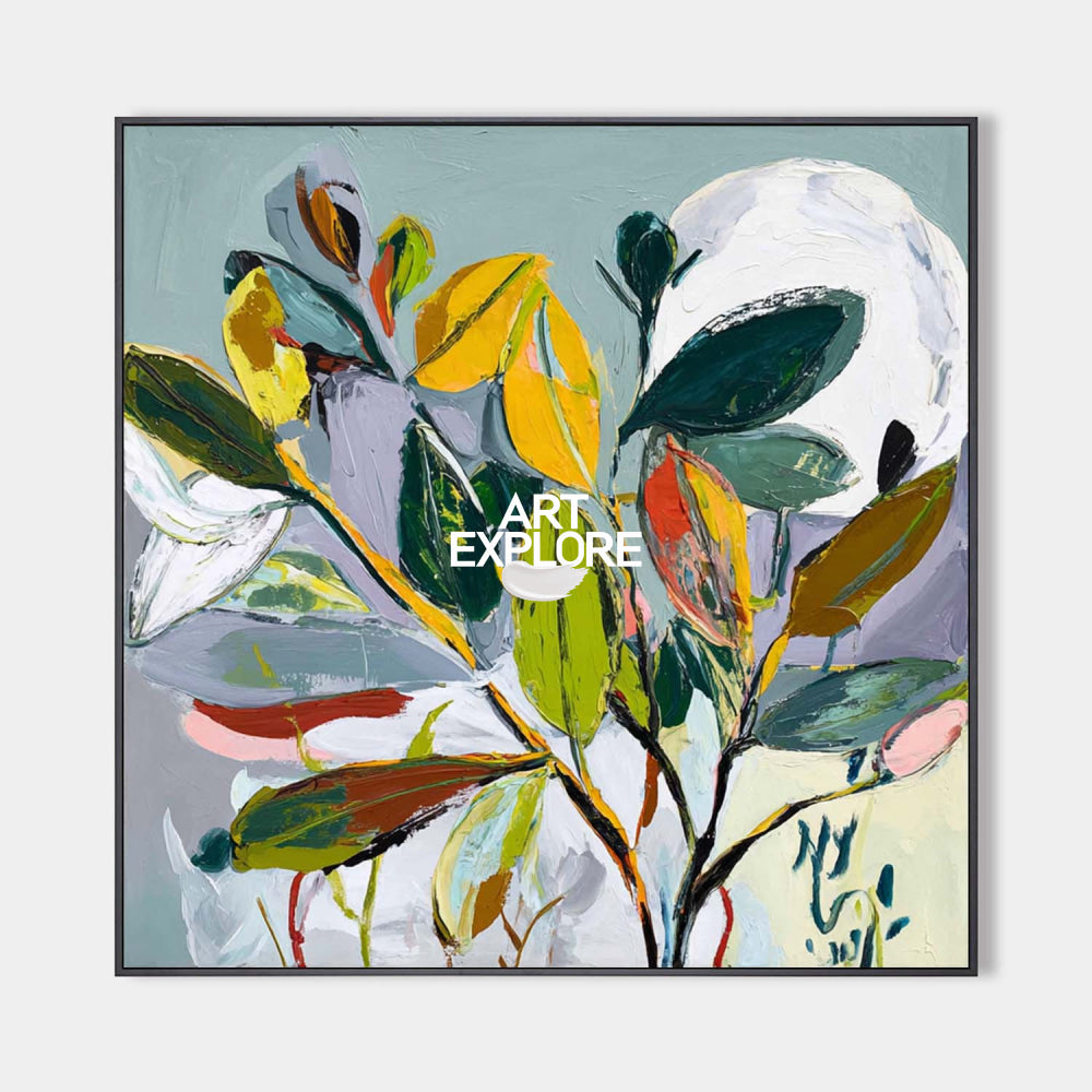 Large Green Abstract Plant Painting - Vibrant Hand-Painted Botanical Art For Livingroom | ArtExplore