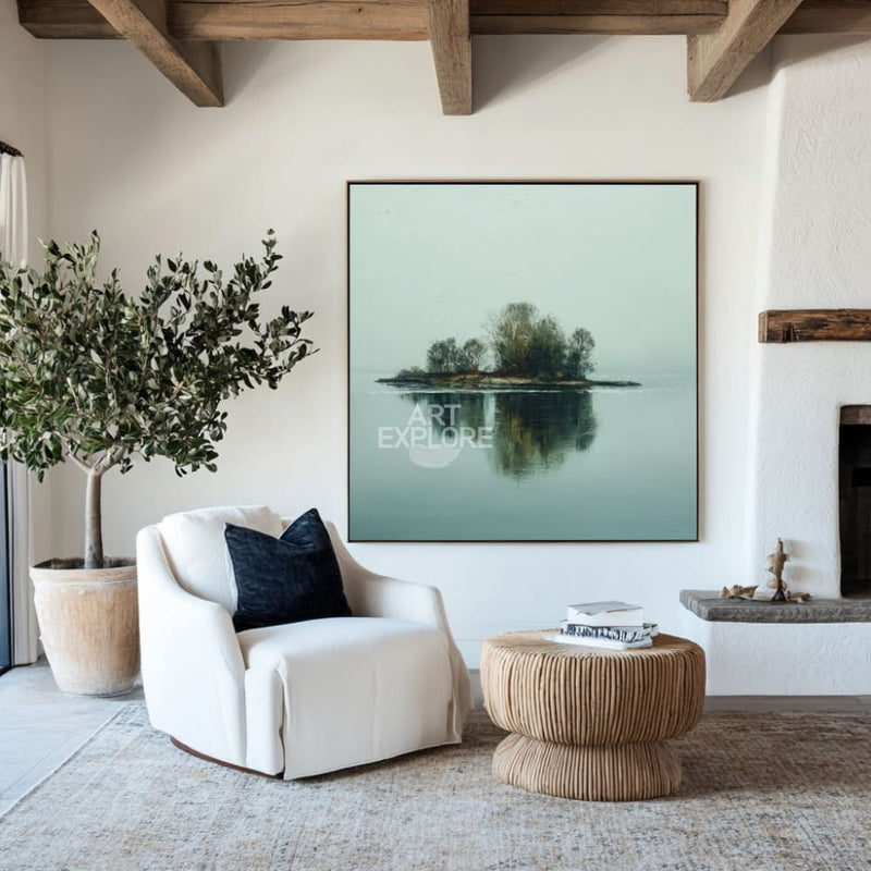 Large Green Lake Wall Art | Modern Handmade Reflection Landscape ArtExplore