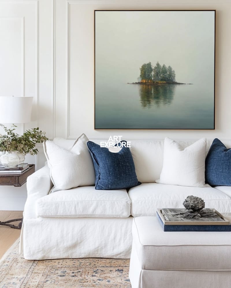 Large Green Lake Wall Art | Modern Handmade Square Landscape Painting ArtExplore