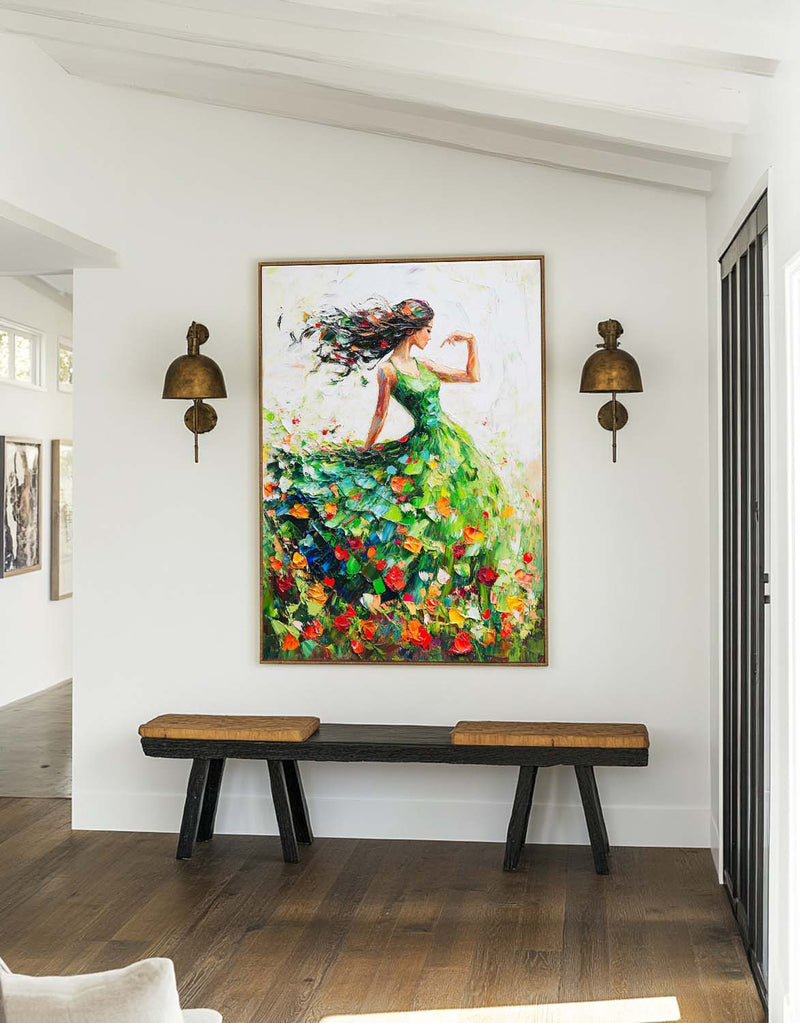 Large Green Painting Of Dancing Girl Ballerina Dancing Wall Art Large Green Texture Wall Paintings