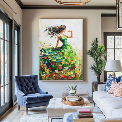 Large Green Painting Of Dancing Girl Ballerina Dancing Wall Art Large Green Texture Wall Paintings