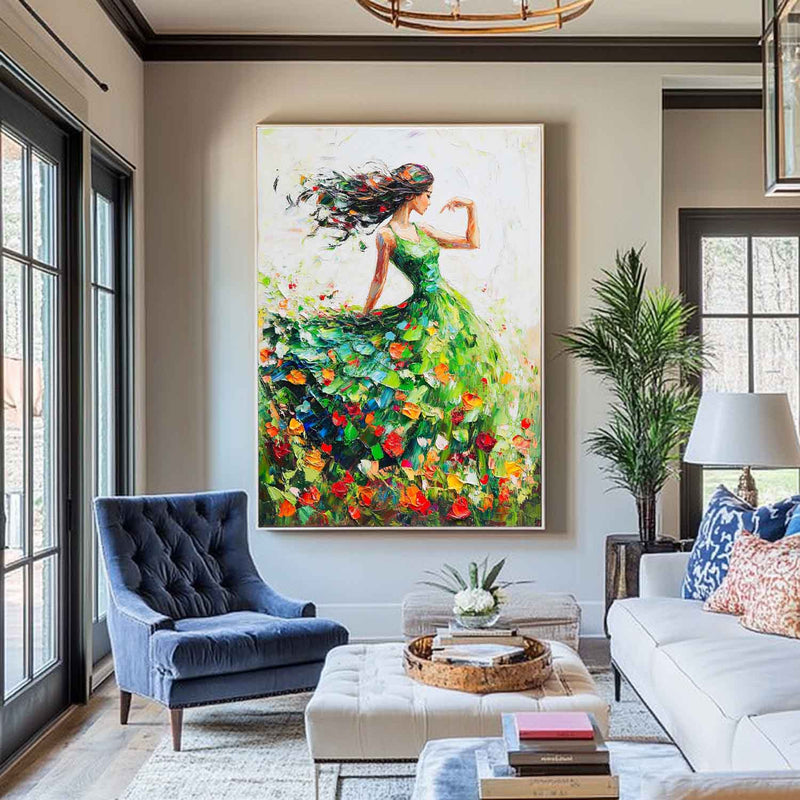 Large Green Painting Of Dancing Girl Ballerina Dancing Wall Art Large Green Texture Wall Paintings