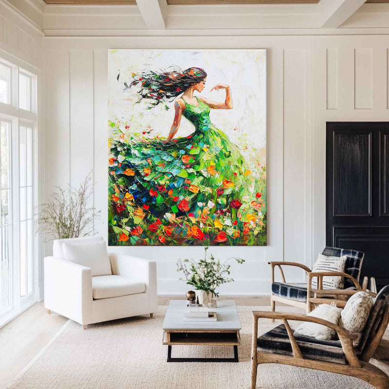 Large Green Painting Of Dancing Girl Ballerina Dancing Wall Art Large Green Texture Wall Paintings
