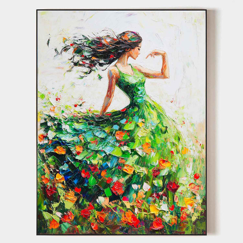 Large Green Painting Of Dancing Girl Ballerina Dancing Wall Art Large Green Texture Wall Paintings