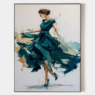 Large Green Painting Of Woman in Green Dress Handmade Oil Painting, ArtExplore Handmade Abstract Art