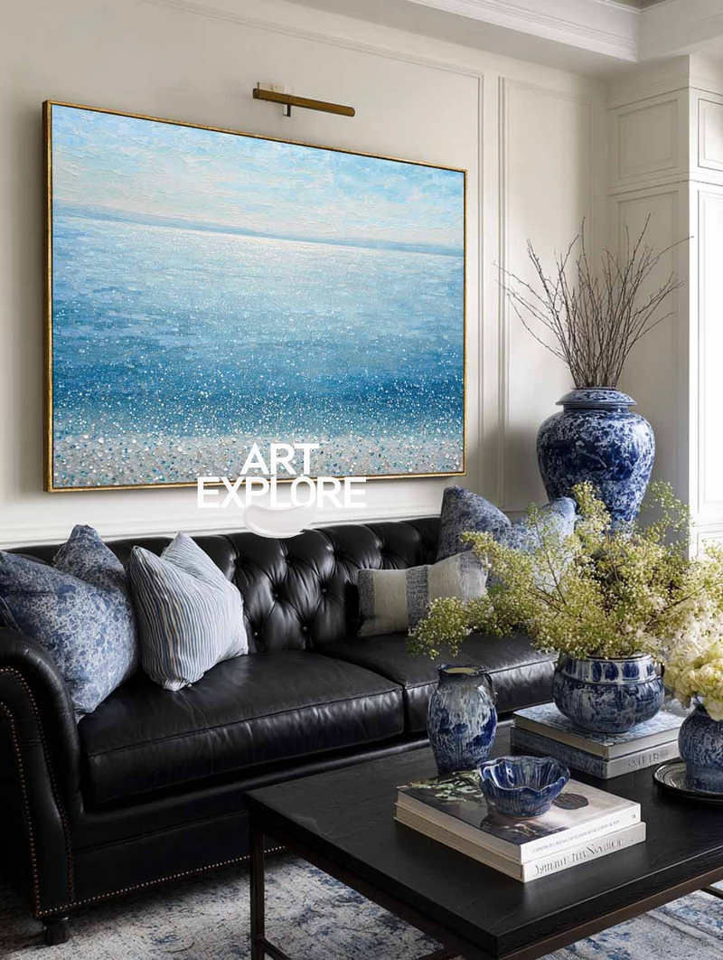Large Handmade Blue Sea Oil Painting Horizontal Landscape | ArtExplore
