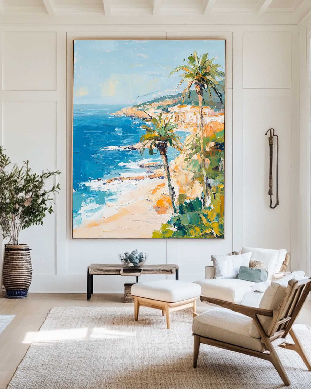Modern Hawaiian Landscape Painting Palm Beach Wall Painting Blue Textured Seaside Wall Art for Sale