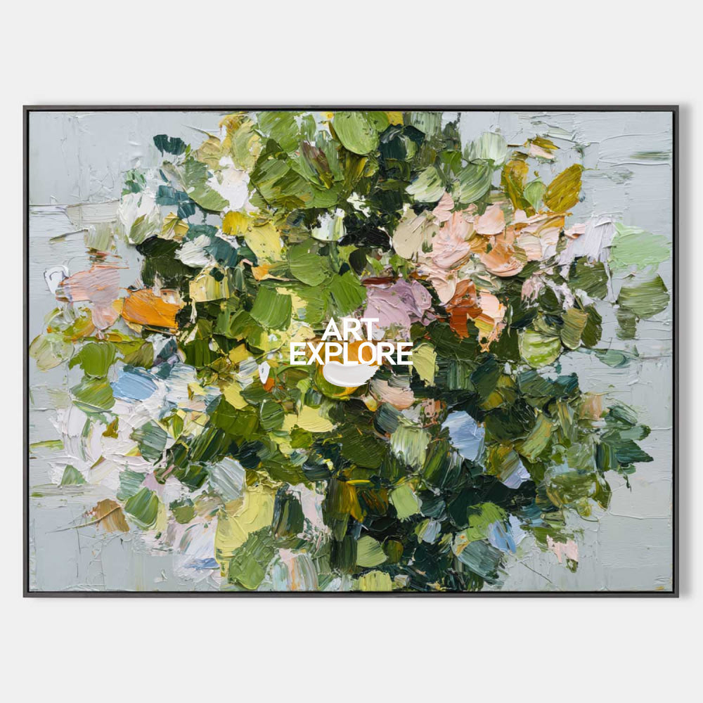 Large Horizontal Green Abstract Painting Thick Impasto Bouquet Art