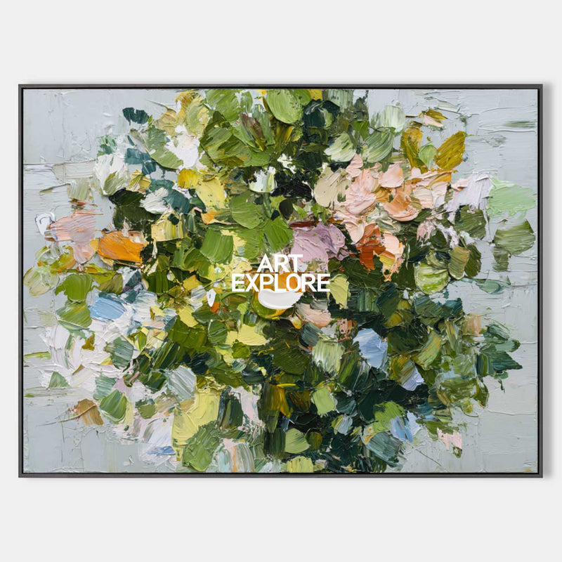 Large Horizontal Green Abstract Painting Thick Impasto Bouquet Art