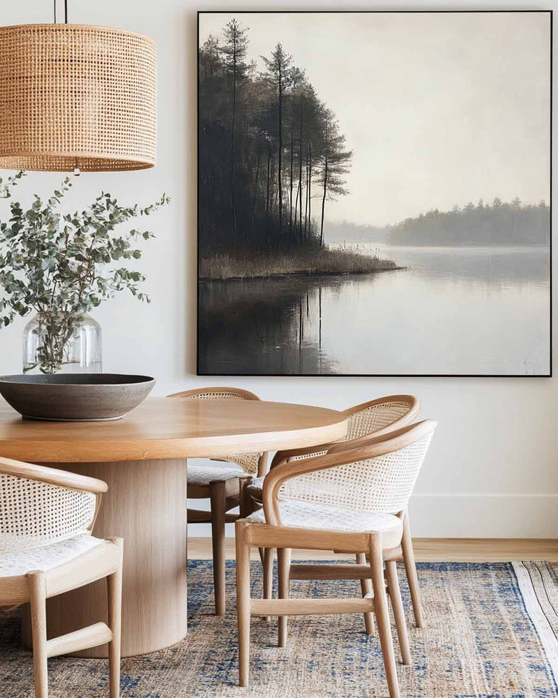 Large Lake Scenery Painting Textured Landscape Lake Canvas Wall Art Black White Painting For Sale