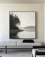 Large Lake Scenery Painting Textured Landscape Lake Canvas Wall Art Black White Painting For Sale