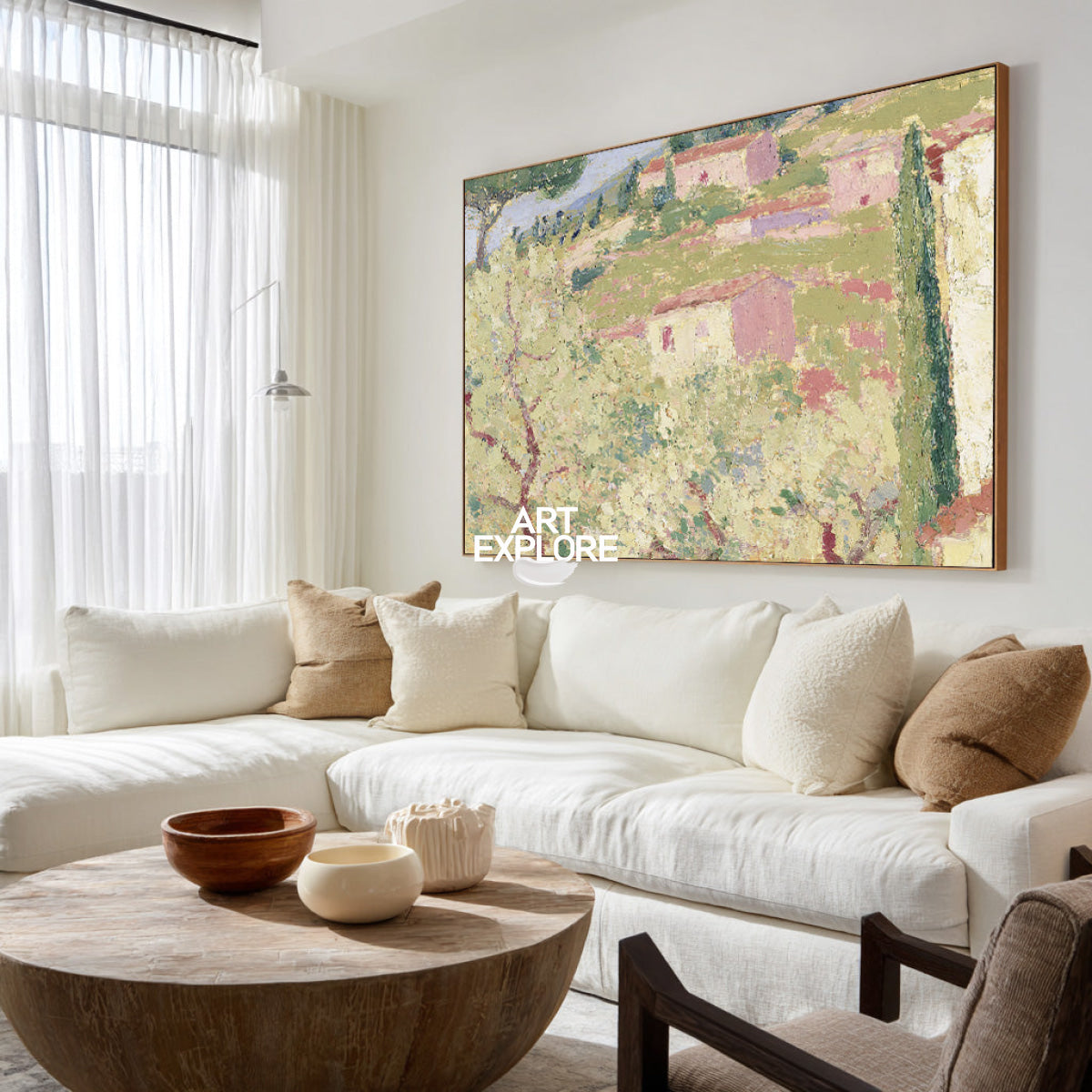 Impressionist Style Rustic Village Wall Art In Pink And Green For Living Room