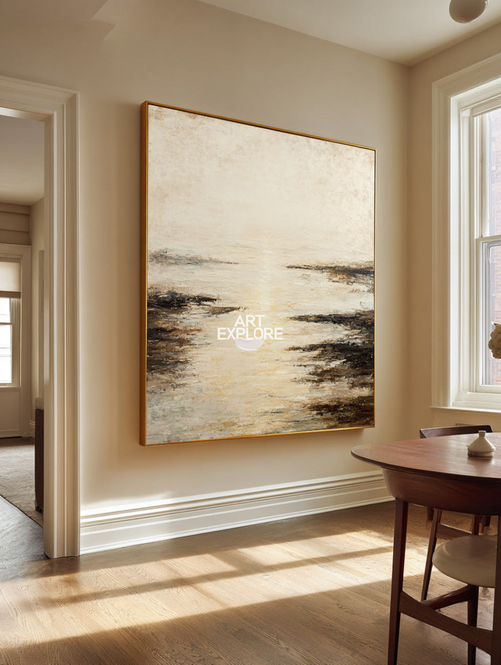 Large Minimalist Beige Lake View Art, Original Wabi-Sabi Oil Texture Painting