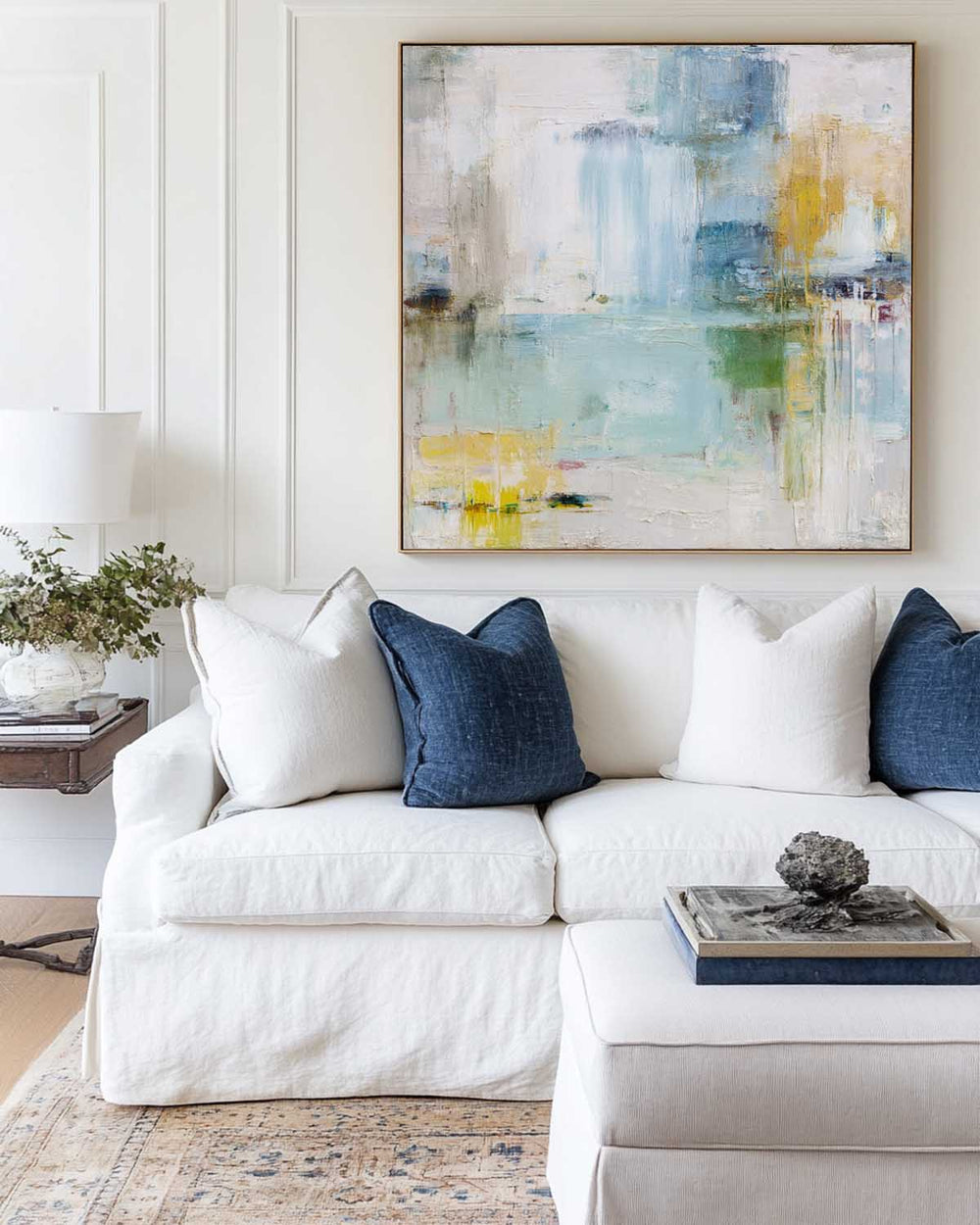 Large Minimalist Blue Landscape Abstract Painting – Tranquil Coastal Sky Home Decor Wall Art