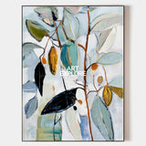 Large Minimalist Botanical Painting Blue and Gold Leaf Art