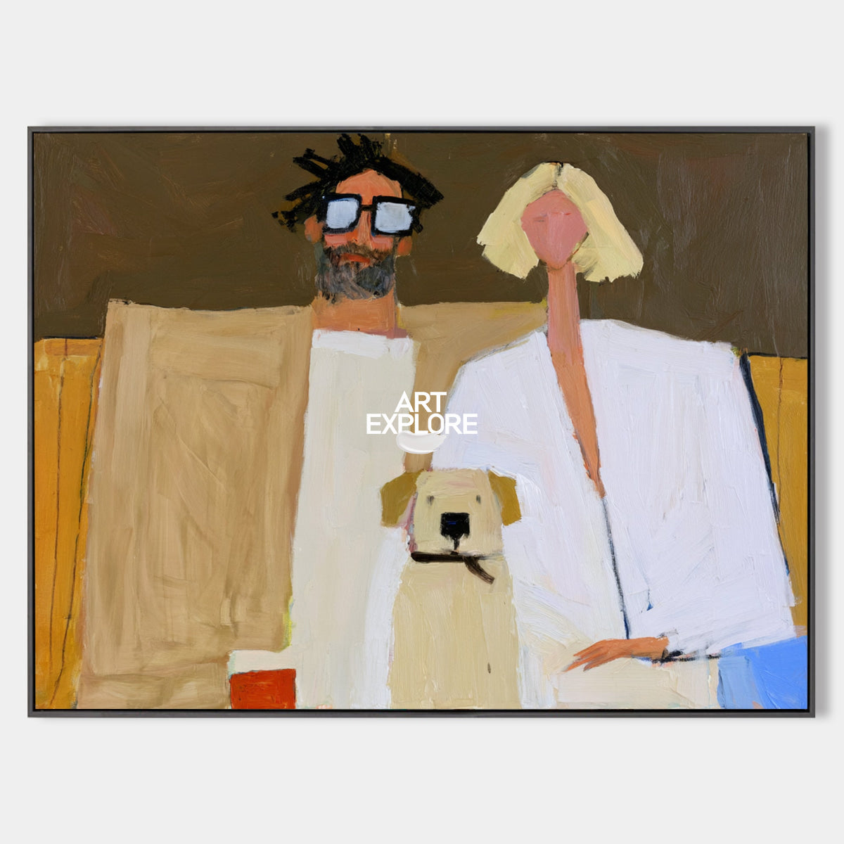 Minimalist Contemporary Art With Dog And Couple Warm Earthy Colors